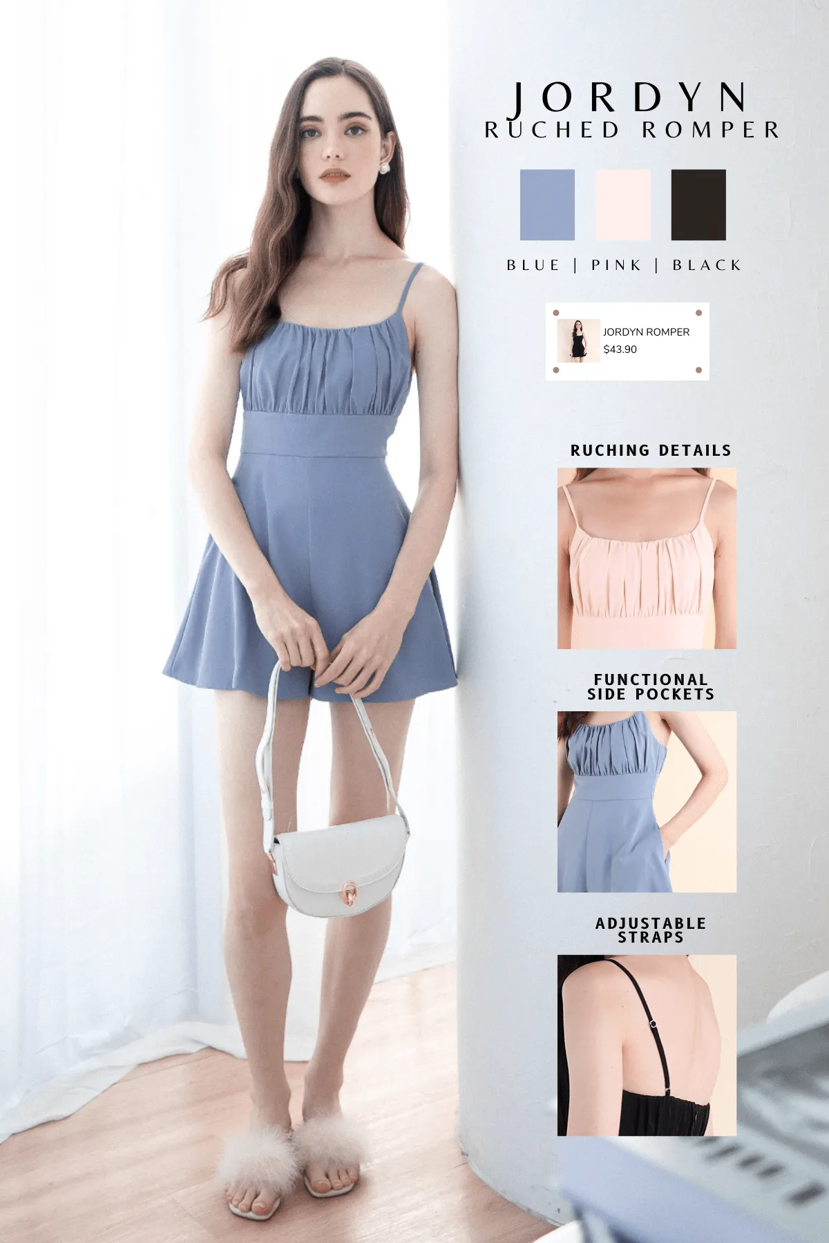 JORDYN RUCHED ROMPER IN BLUE