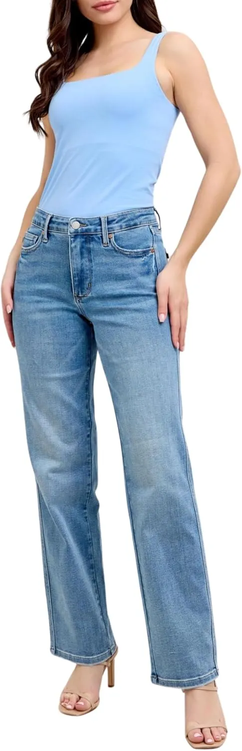 Judy Blue Mid Rise Tummy Control Vintage Wash Straight Jeans, Inseam 31"