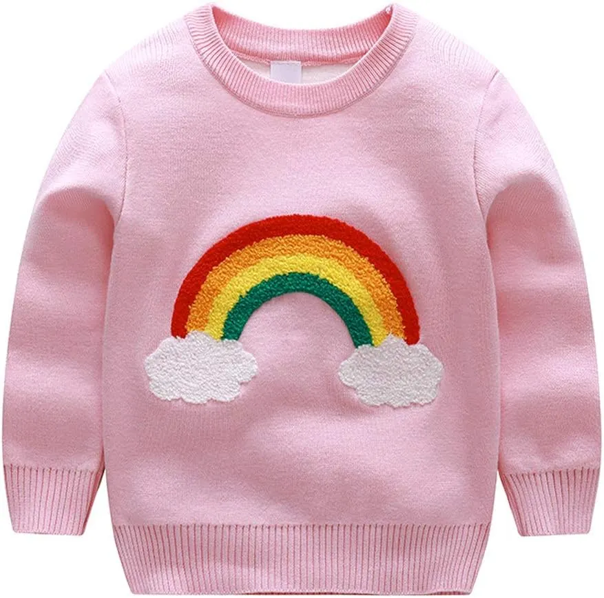 Julerwoo Toddler Girl Pink Pullover Sweaters Rainbow Prints Crewneck Knit Sweater Tops