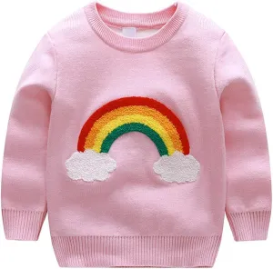 Julerwoo Toddler Girl Pink Pullover Sweaters Rainbow Prints Crewneck Knit Sweater Tops