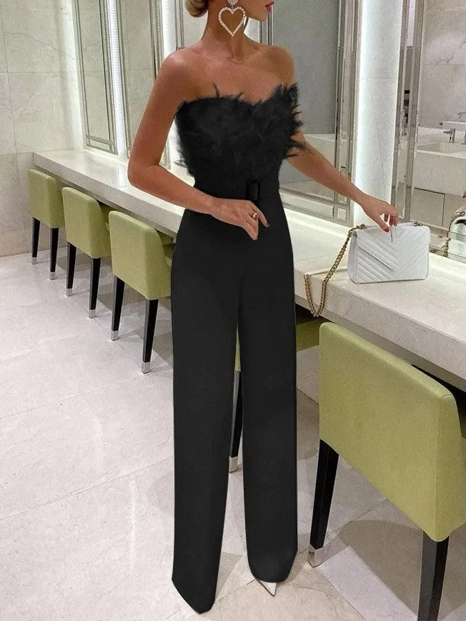 Jumpsuits Feather Bandeau Belt Jumpsuit for Women