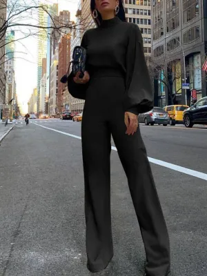 Jumpsuits High Neck Open Back Long Sleeve Wide-Leg Jumpsuit for Women