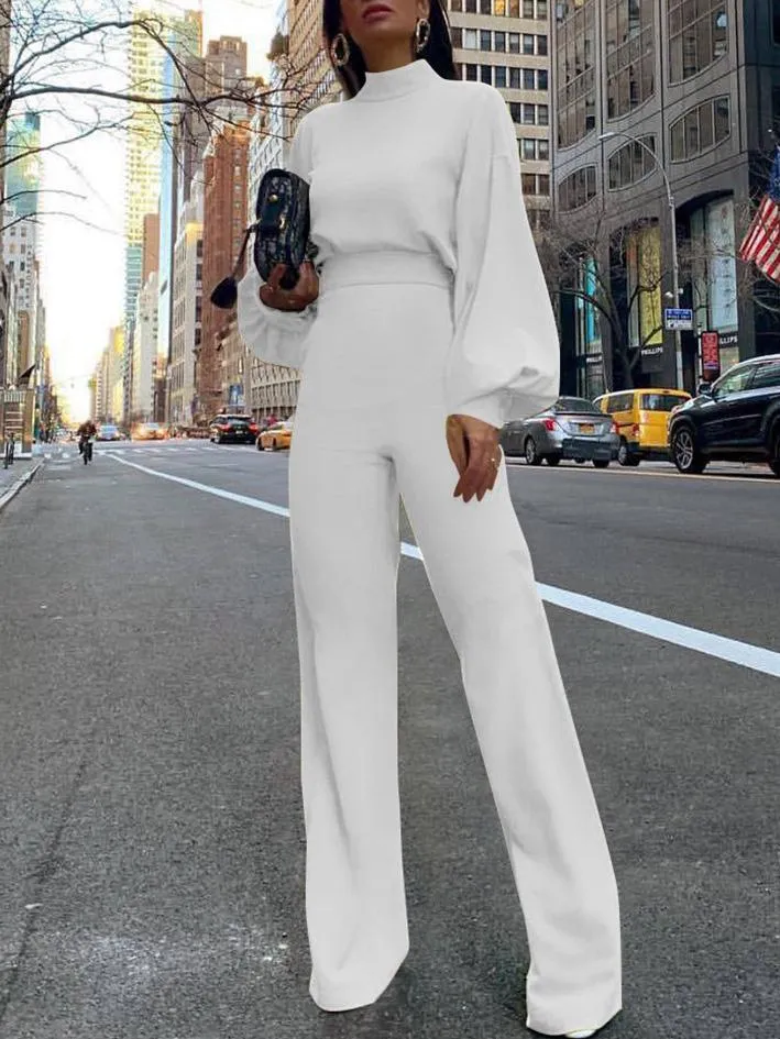 Jumpsuits High Neck Open Back Long Sleeve Wide-Leg Jumpsuit for Women