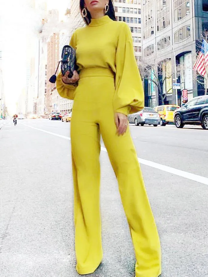 Jumpsuits High Neck Open Back Long Sleeve Wide-Leg Jumpsuit for Women