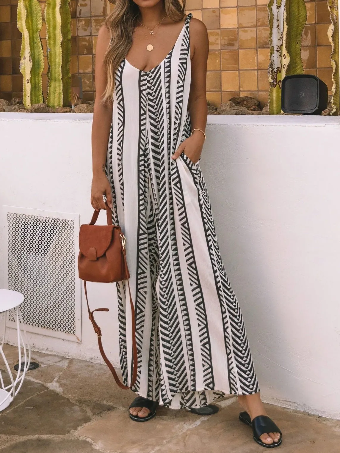 Jumpsuits Loose Stripe Print Pocket Jumpsuit for Women