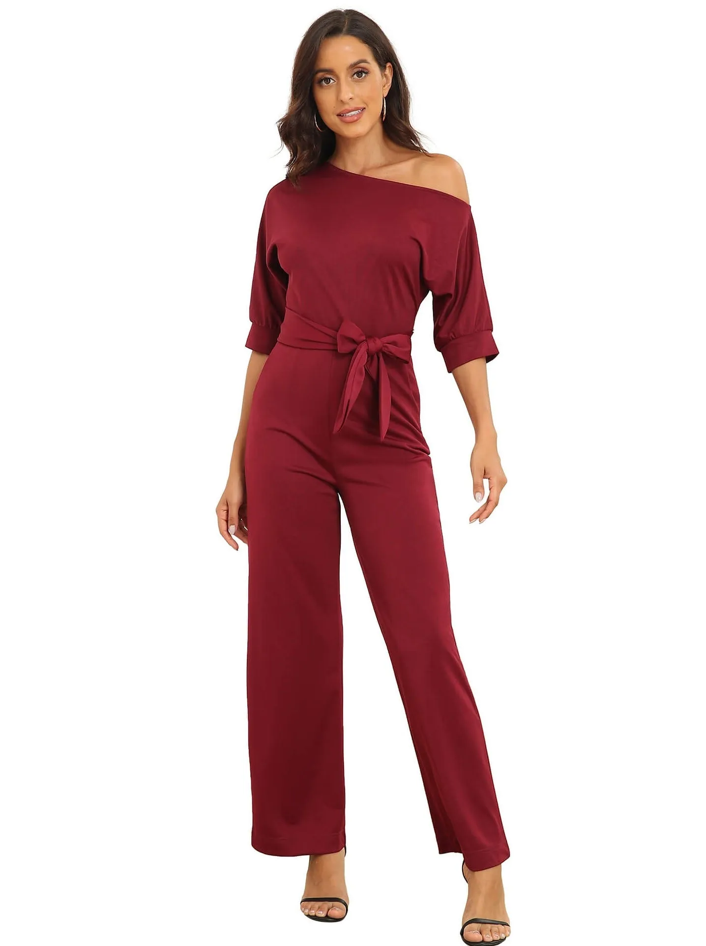 Jumpsuits Sloping Shoulder Pocket Lace Up Jumpsuit for Women