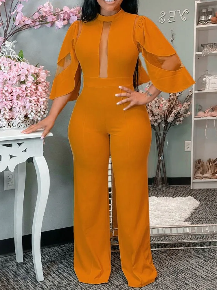 Jumpsuits Solid Mesh Panel Irregular Sleeve Jumpsuit for Women