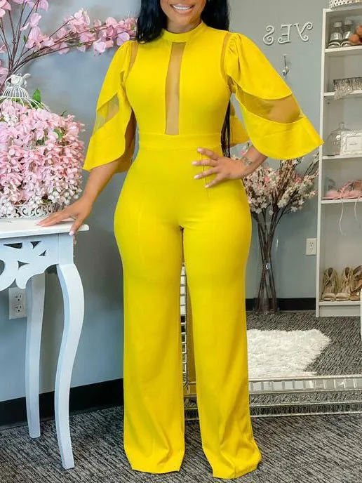 Jumpsuits Solid Mesh Panel Irregular Sleeve Jumpsuit for Women