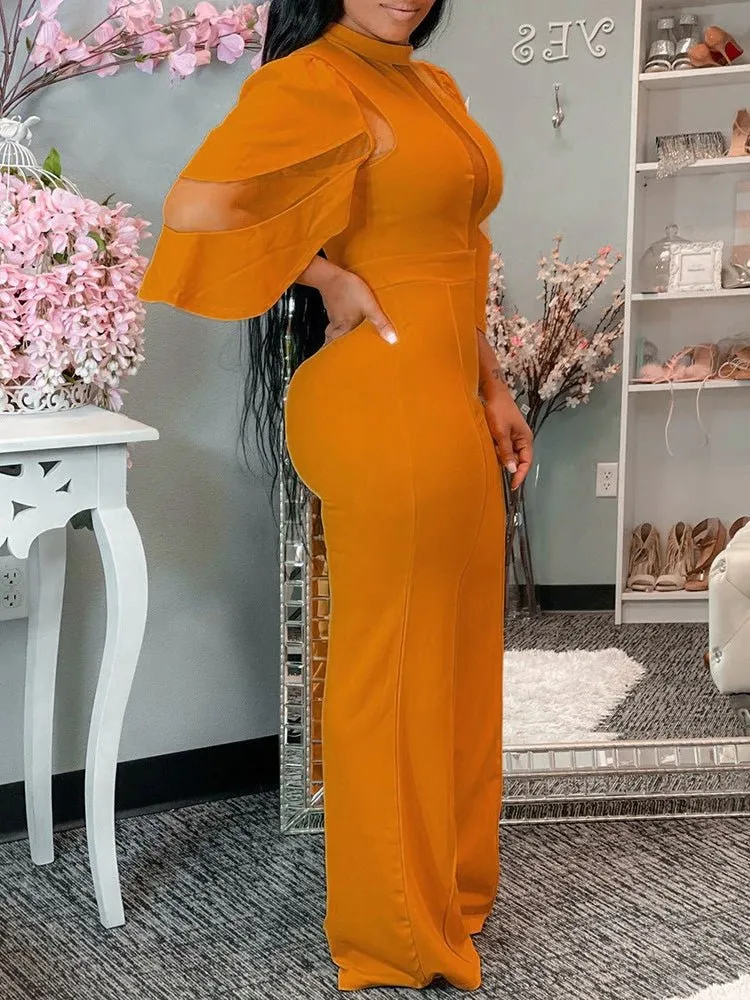 Jumpsuits Solid Mesh Panel Irregular Sleeve Jumpsuit for Women