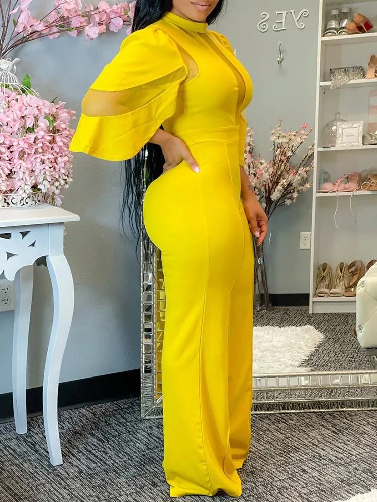Jumpsuits Solid Mesh Panel Irregular Sleeve Jumpsuit for Women