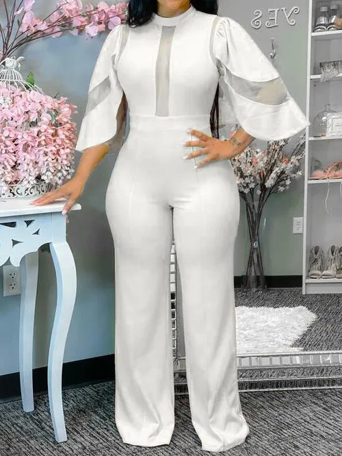 Jumpsuits Solid Mesh Panel Irregular Sleeve Jumpsuit for Women