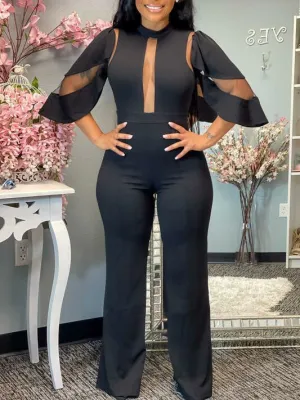 Jumpsuits Solid Mesh Panel Irregular Sleeve Jumpsuit for Women