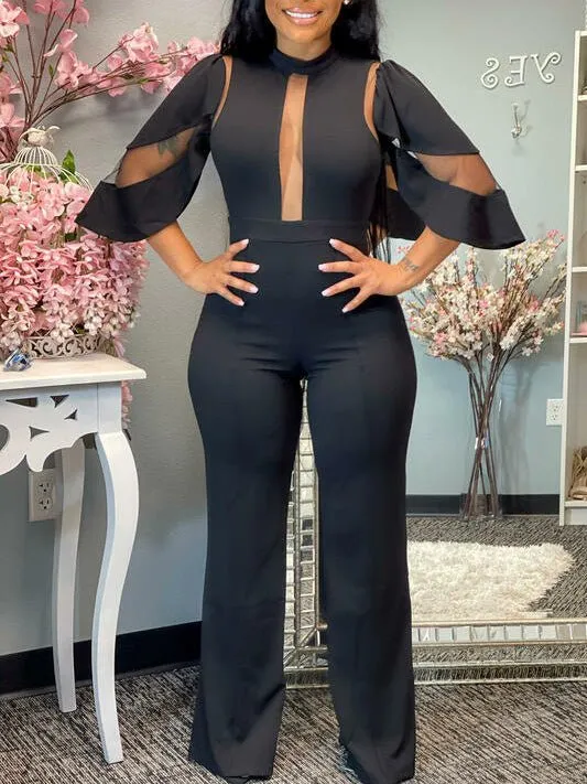 Jumpsuits Solid Mesh Panel Irregular Sleeve Jumpsuit for Women