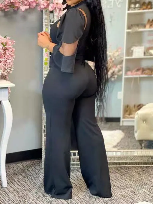 Jumpsuits Solid Mesh Panel Irregular Sleeve Jumpsuit for Women