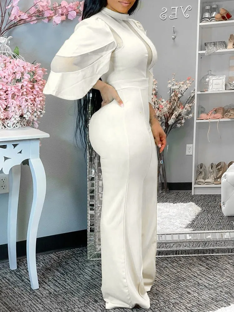 Jumpsuits Solid Mesh Panel Irregular Sleeve Jumpsuit for Women