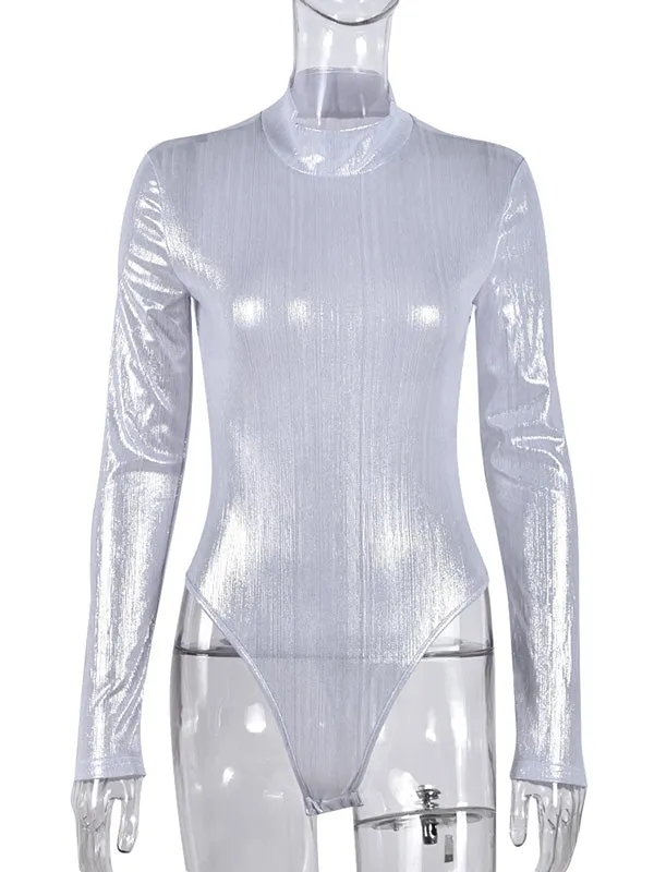 Long Sleeves Skinny Bronzing Solid Color Mock Neck Bodysuits