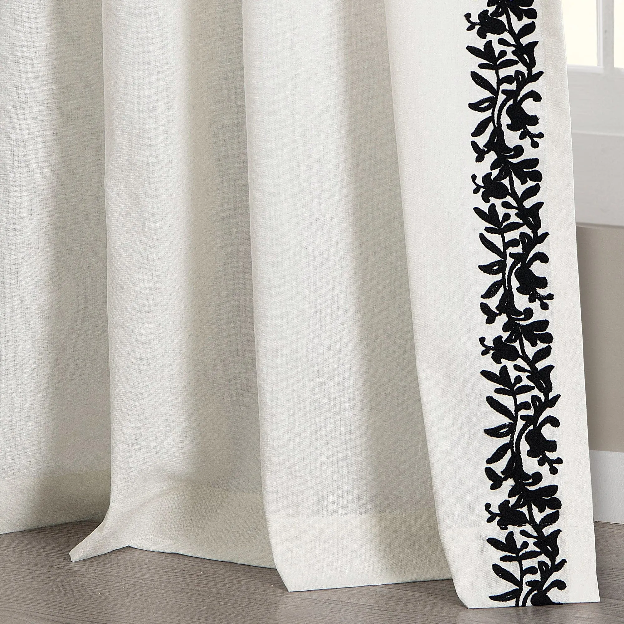 Luxury Modern Flower Linen Like Embroidery Border Window Curtain Panel