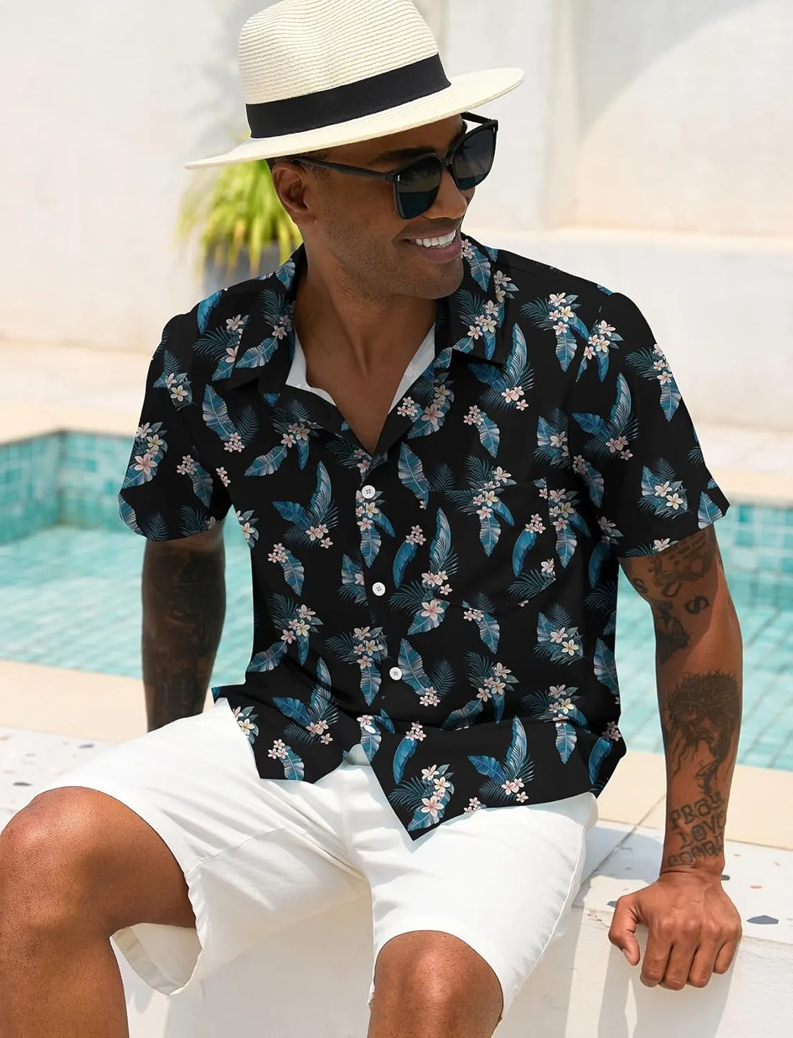 Men Button Up Short Sleeve Hawaiian Shirt Summer Tropical Beach Shirts for Vacation Fishing