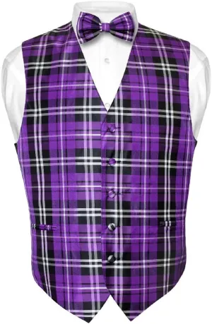 Men's Plaid Design Dress Vest & BOWTie Purple Black White BOW Tie Set