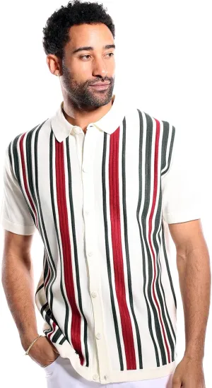 Mens Short Sleeve Knit Sports Shirt - Modern Polo Vintage Classics: Vertical Stripe Color Block