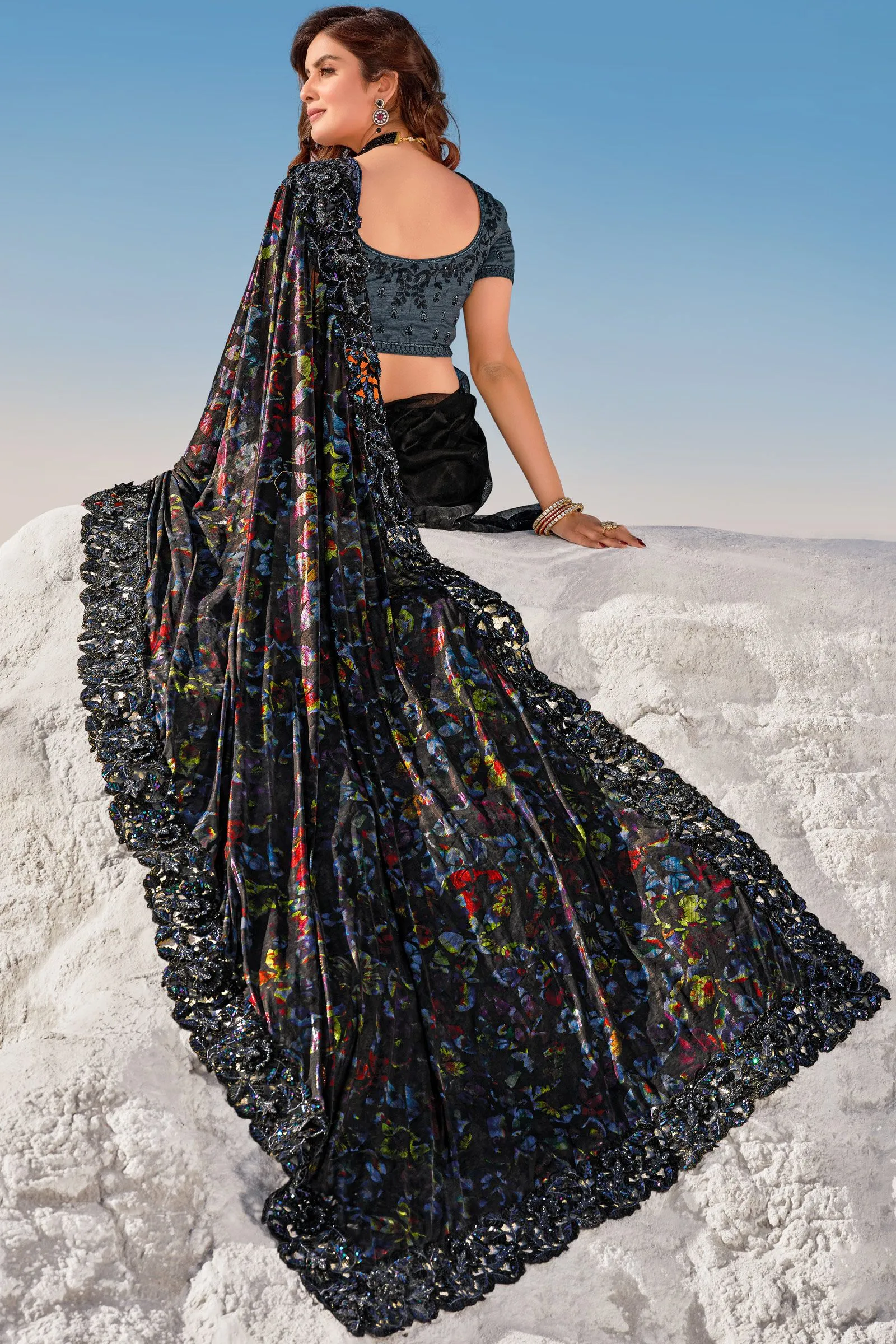 Midnight Black Floral Half N Half Net Saree
