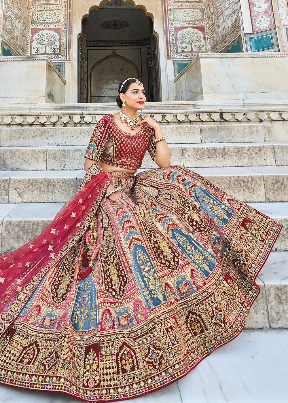 Multicolor Maroon Bridal Wear Heavy Embroidered Silk Lehenga Choli