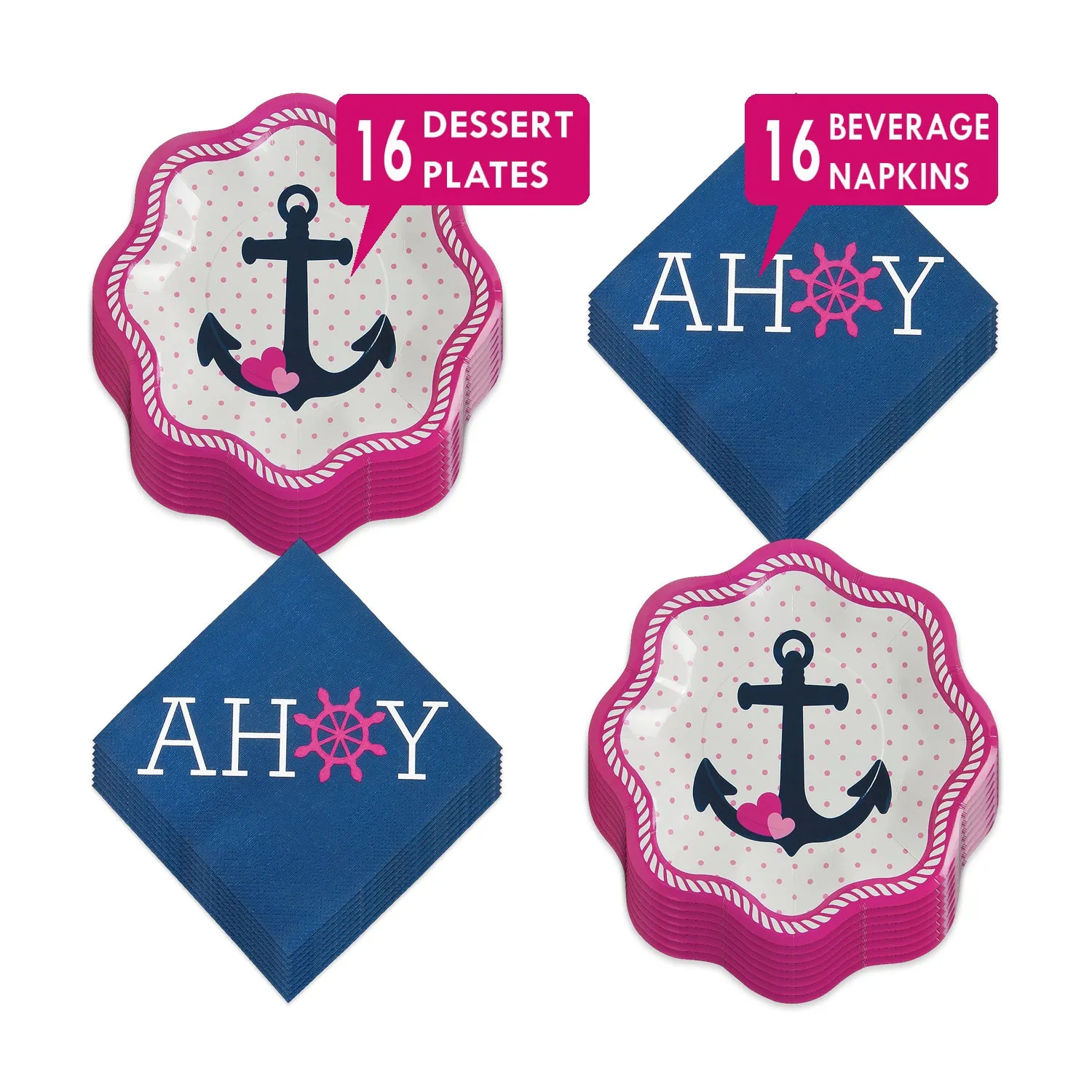 Nautical Girl Party Supplies - Pink and Navy Anchor Paper Dessert Plates and Ahoy Beverage Napkins (Serves 16)