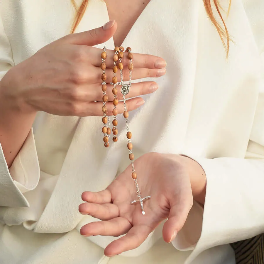 OLIVE WOOD BEADS ROSARY - SILVER