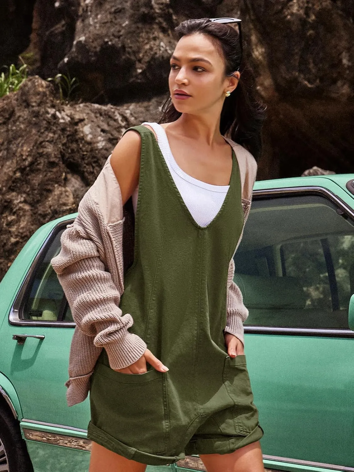 Panadila Womens Overalls Shorts Casual Summer Romper V Neck Sleeveless Jumpsuits Shortalls Loose Fit