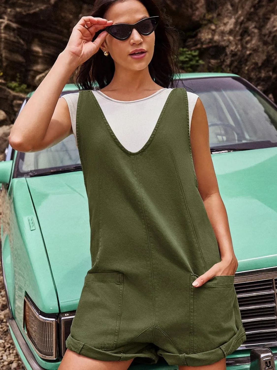 Panadila Womens Overalls Shorts Casual Summer Romper V Neck Sleeveless Jumpsuits Shortalls Loose Fit
