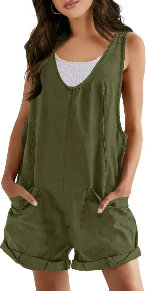 Panadila Womens Overalls Shorts Casual Summer Romper V Neck Sleeveless Jumpsuits Shortalls Loose Fit