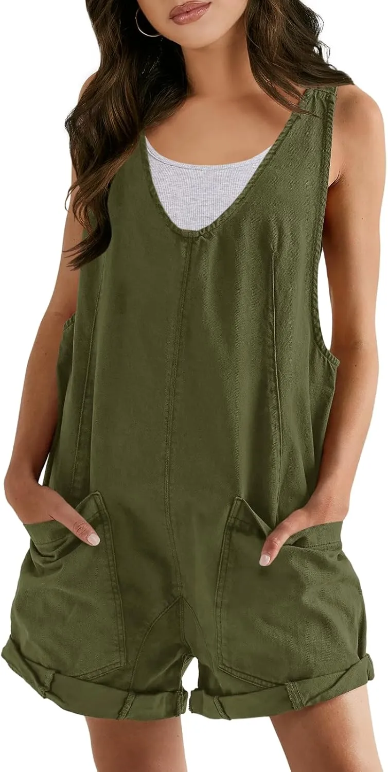 Panadila Womens Overalls Shorts Casual Summer Romper V Neck Sleeveless Jumpsuits Shortalls Loose Fit