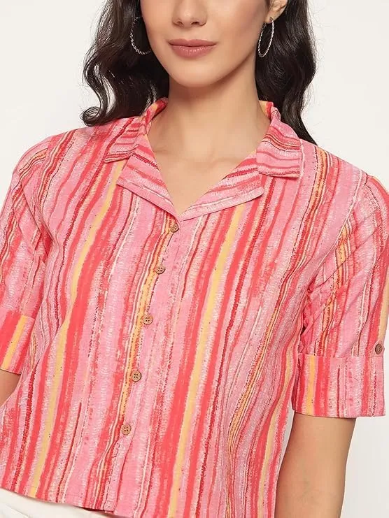 PIDAVLIYA'S Women's Kalamkari Printed Cuban Collar Cotton Printed Crop Shirt Top, Tunics with Short Sleeves