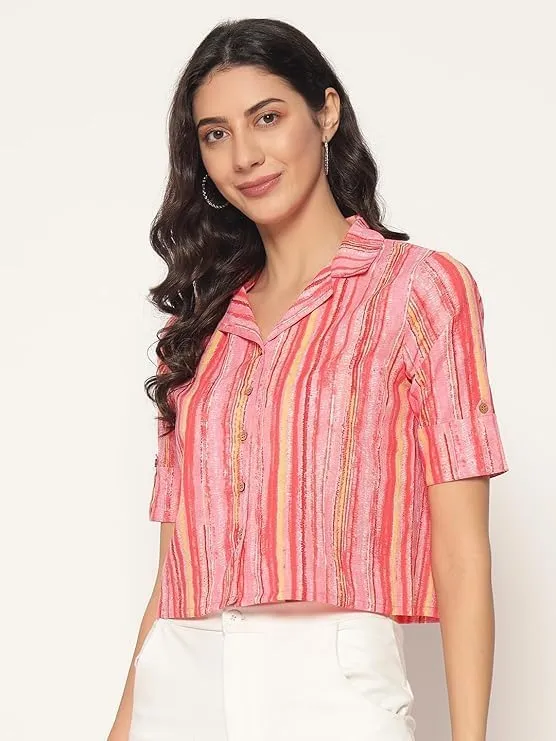 PIDAVLIYA'S Women's Kalamkari Printed Cuban Collar Cotton Printed Crop Shirt Top, Tunics with Short Sleeves