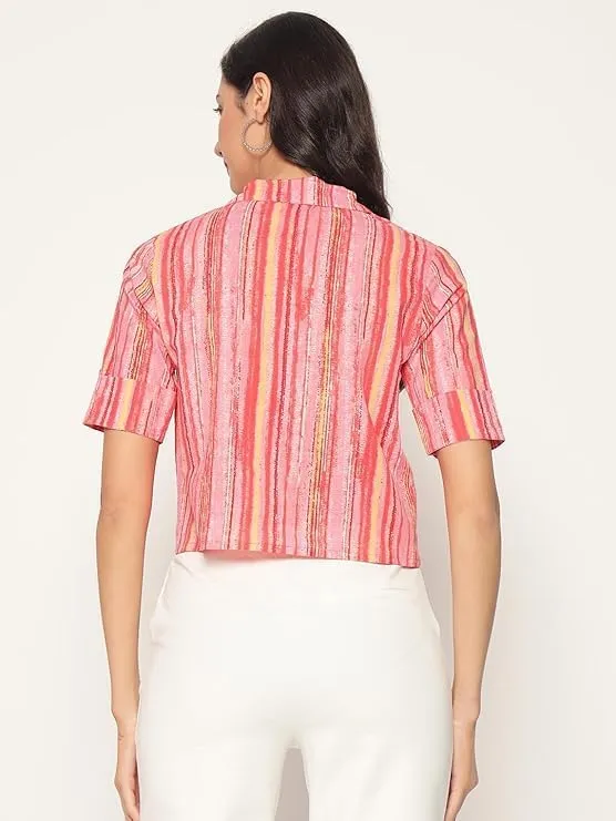 PIDAVLIYA'S Women's Kalamkari Printed Cuban Collar Cotton Printed Crop Shirt Top, Tunics with Short Sleeves