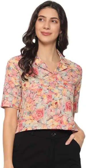 PIDAVLIYA'S Women's Kalamkari Printed Cuban Collar Cotton Printed Crop Shirt Top, Tunics with Short Sleeves
