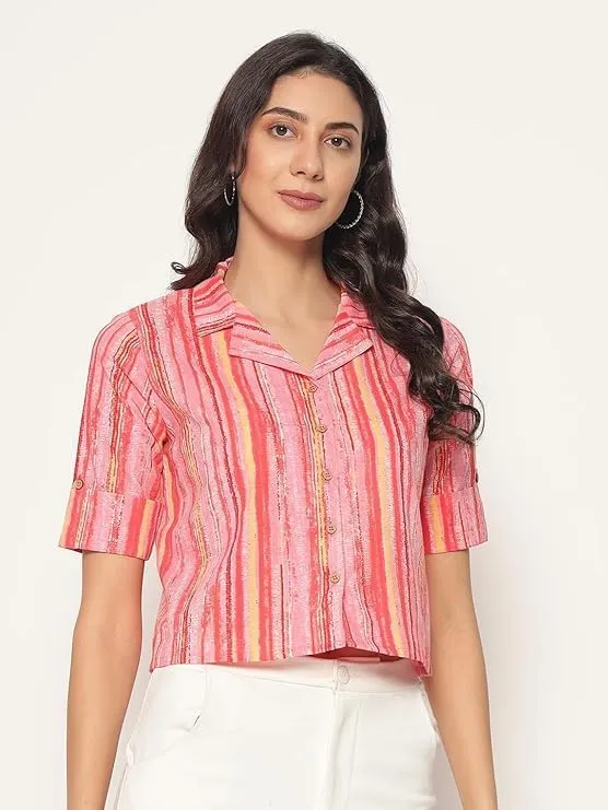 PIDAVLIYA'S Women's Kalamkari Printed Cuban Collar Cotton Printed Crop Shirt Top, Tunics with Short Sleeves
