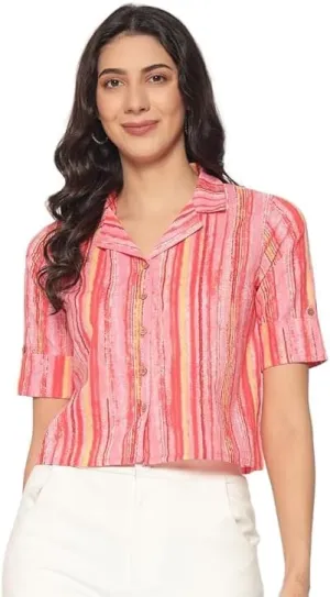 PIDAVLIYA'S Women's Kalamkari Printed Cuban Collar Cotton Printed Crop Shirt Top, Tunics with Short Sleeves