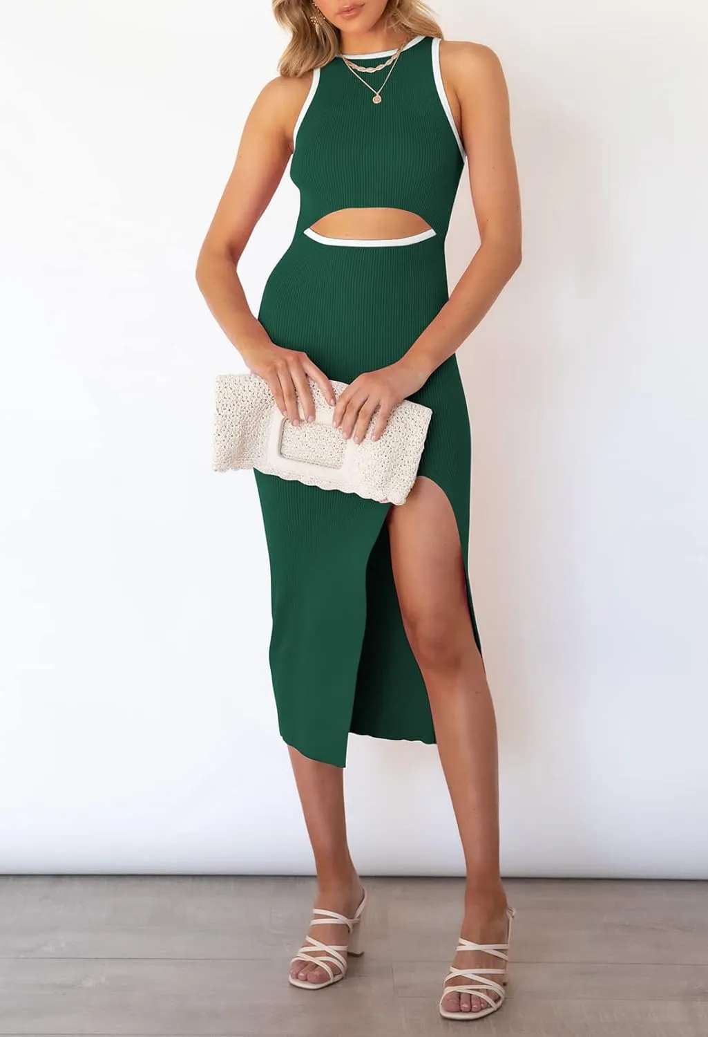 Pink Queen Women's Cutout Crew Neck Sleeveless Tank Slit Ribbed Bodycon Midi Dresses