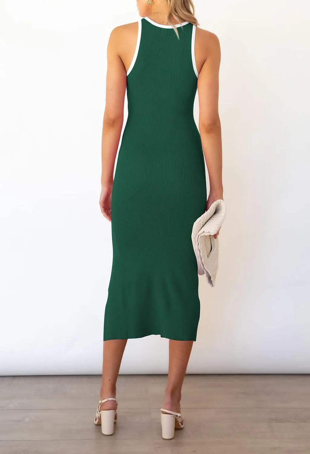 Pink Queen Women's Cutout Crew Neck Sleeveless Tank Slit Ribbed Bodycon Midi Dresses