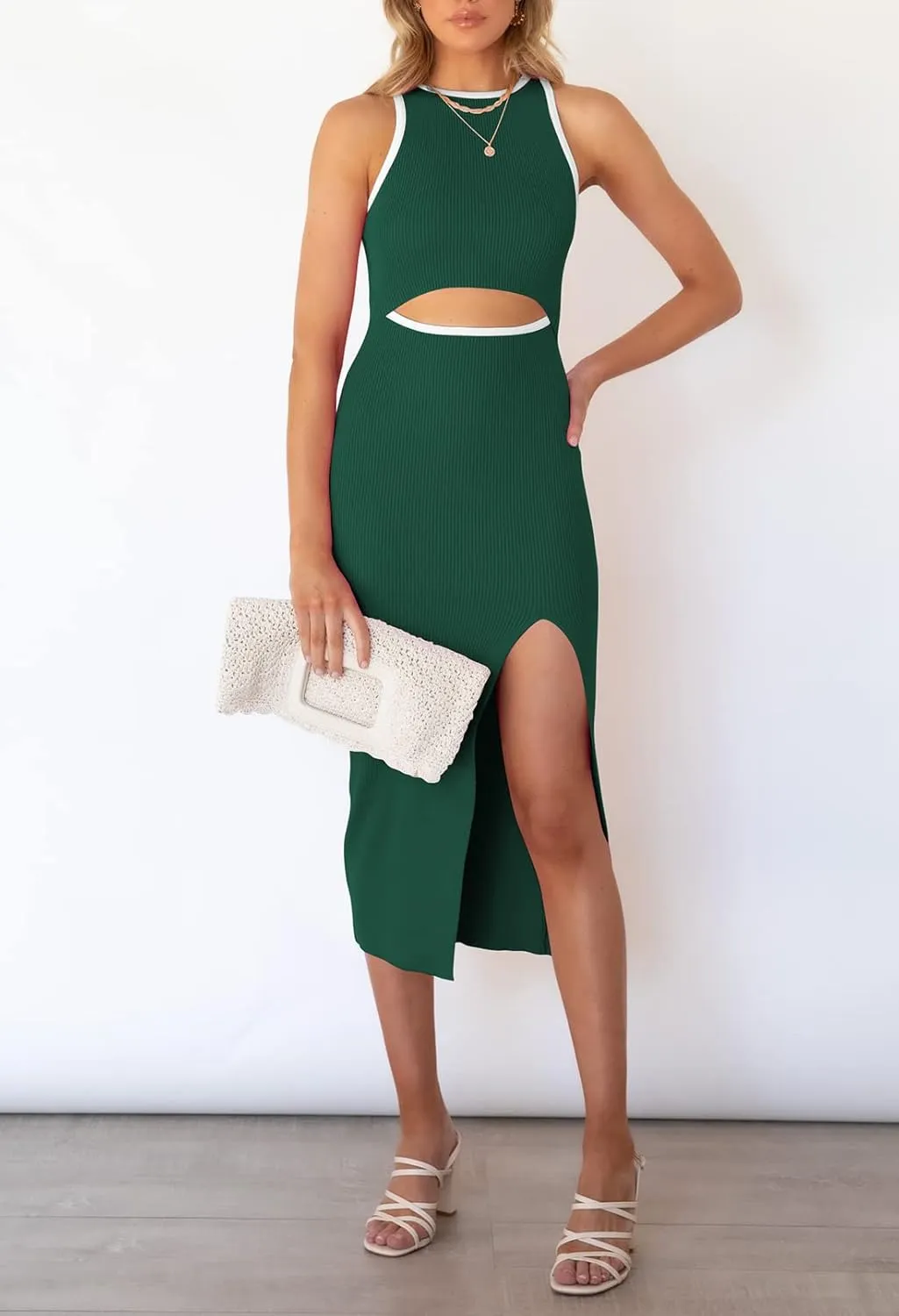 Pink Queen Women's Cutout Crew Neck Sleeveless Tank Slit Ribbed Bodycon Midi Dresses