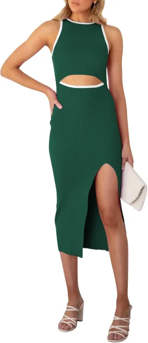 Pink Queen Women's Cutout Crew Neck Sleeveless Tank Slit Ribbed Bodycon Midi Dresses