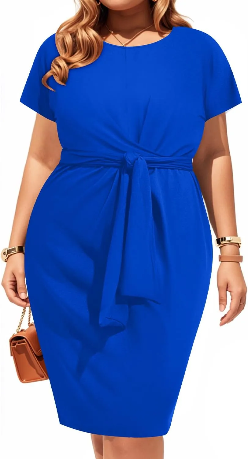 Pinup Fashion Plus Size Dresses for Women Wedding Guest Short Sleeve Tie Front Waist Belted Pencil Work Knee Dress