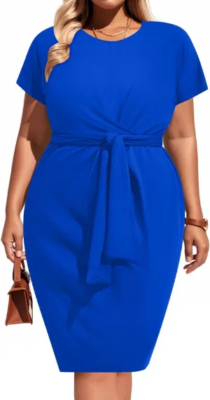 Pinup Fashion Plus Size Dresses for Women Wedding Guest Short Sleeve Tie Front Waist Belted Pencil Work Knee Dress
