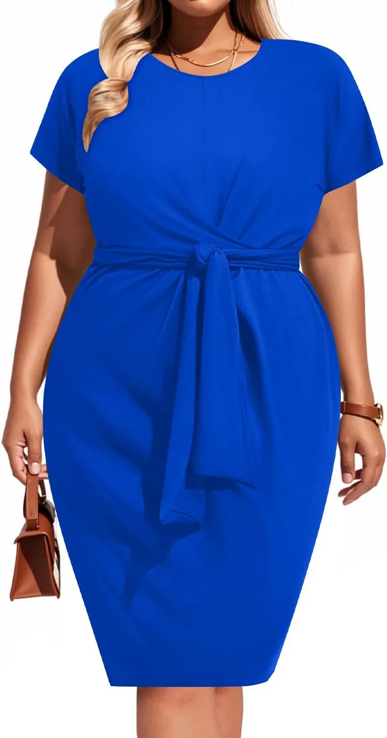 Pinup Fashion Plus Size Dresses for Women Wedding Guest Short Sleeve Tie Front Waist Belted Pencil Work Knee Dress