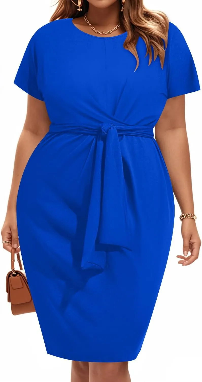 Pinup Fashion Plus Size Dresses for Women Wedding Guest Short Sleeve Tie Front Waist Belted Pencil Work Knee Dress
