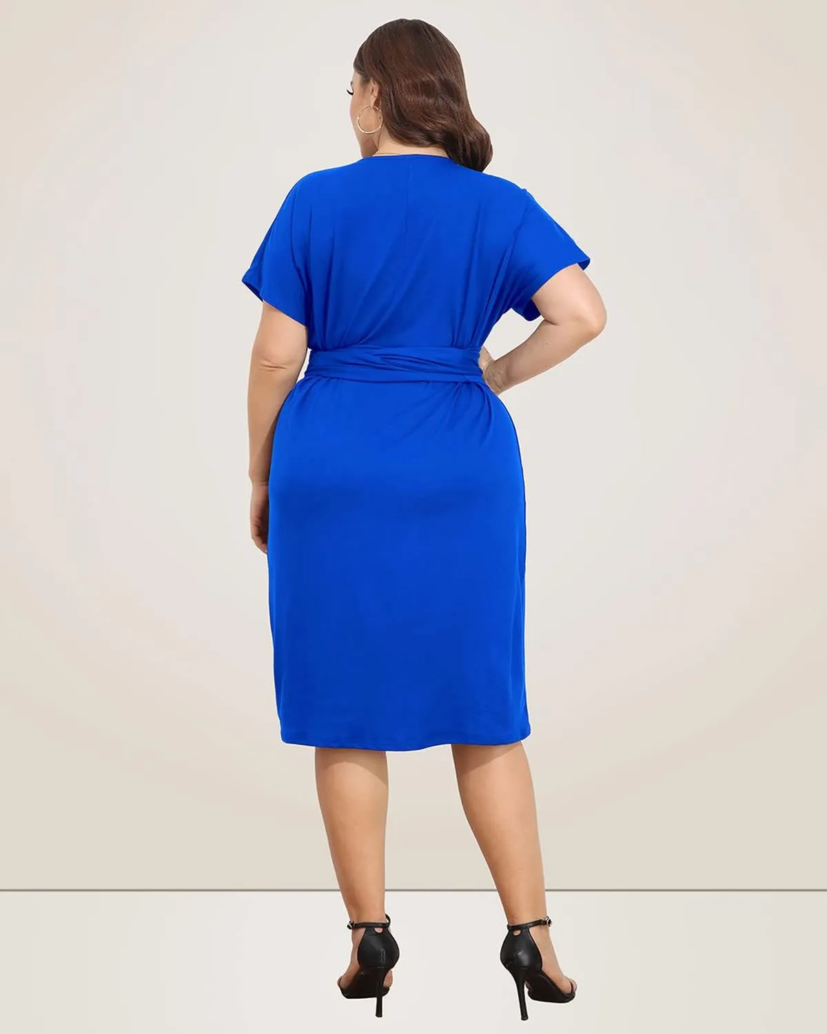 Pinup Fashion Plus Size Dresses for Women Wedding Guest Short Sleeve Tie Front Waist Belted Pencil Work Knee Dress