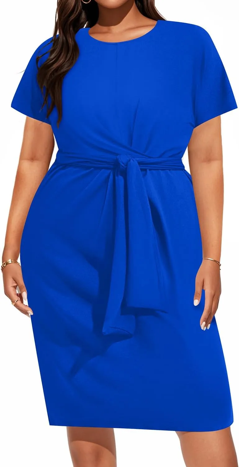 Pinup Fashion Plus Size Dresses for Women Wedding Guest Short Sleeve Tie Front Waist Belted Pencil Work Knee Dress