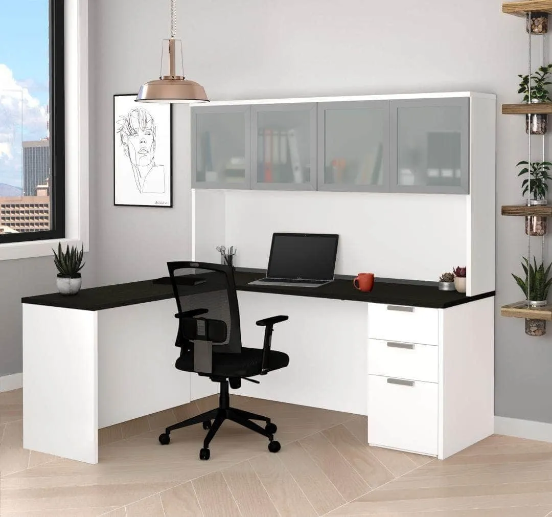 Pro-Concept Plus L-Shaped Desk with Pedestal and Frosted Glass Door Hutch - Available in 2 Colours