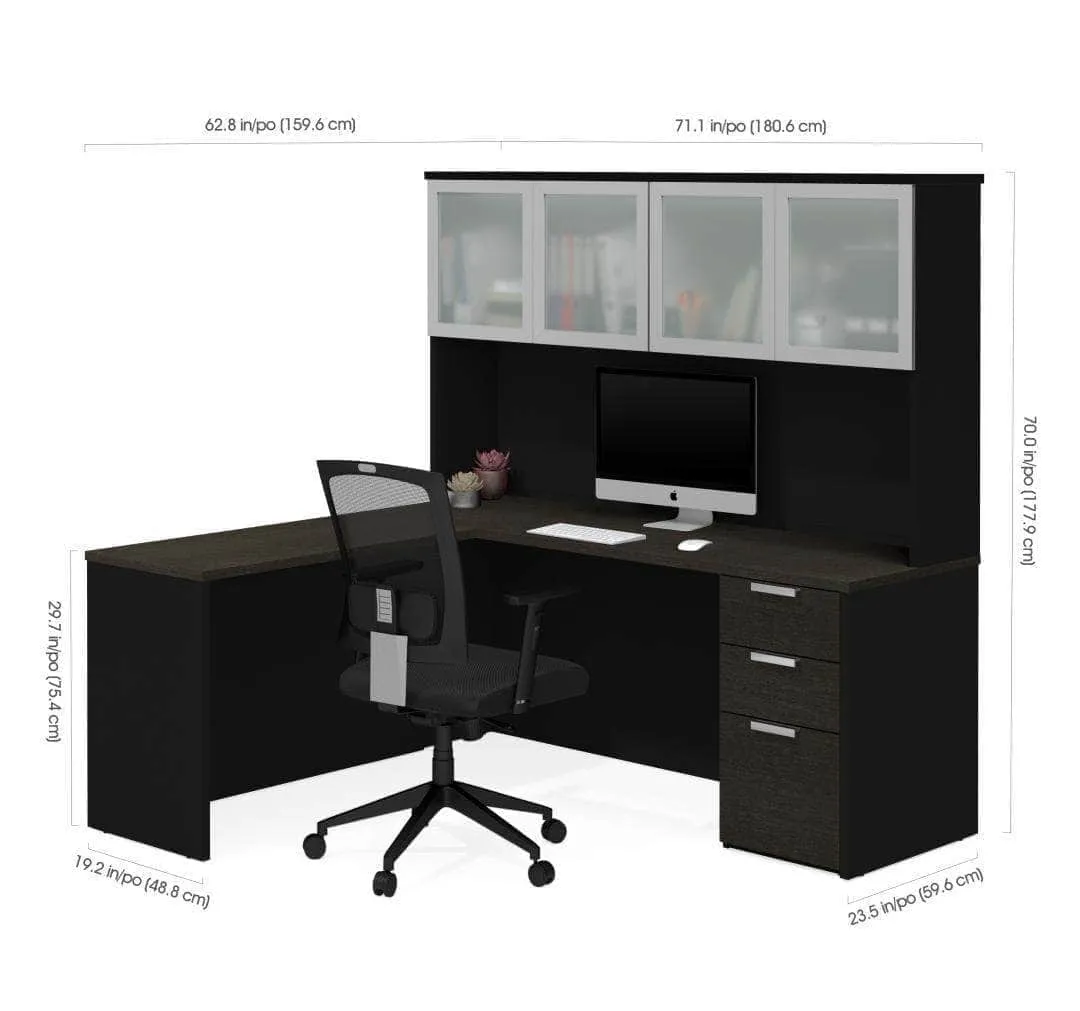 Pro-Concept Plus L-Shaped Desk with Pedestal and Frosted Glass Door Hutch - Available in 2 Colours